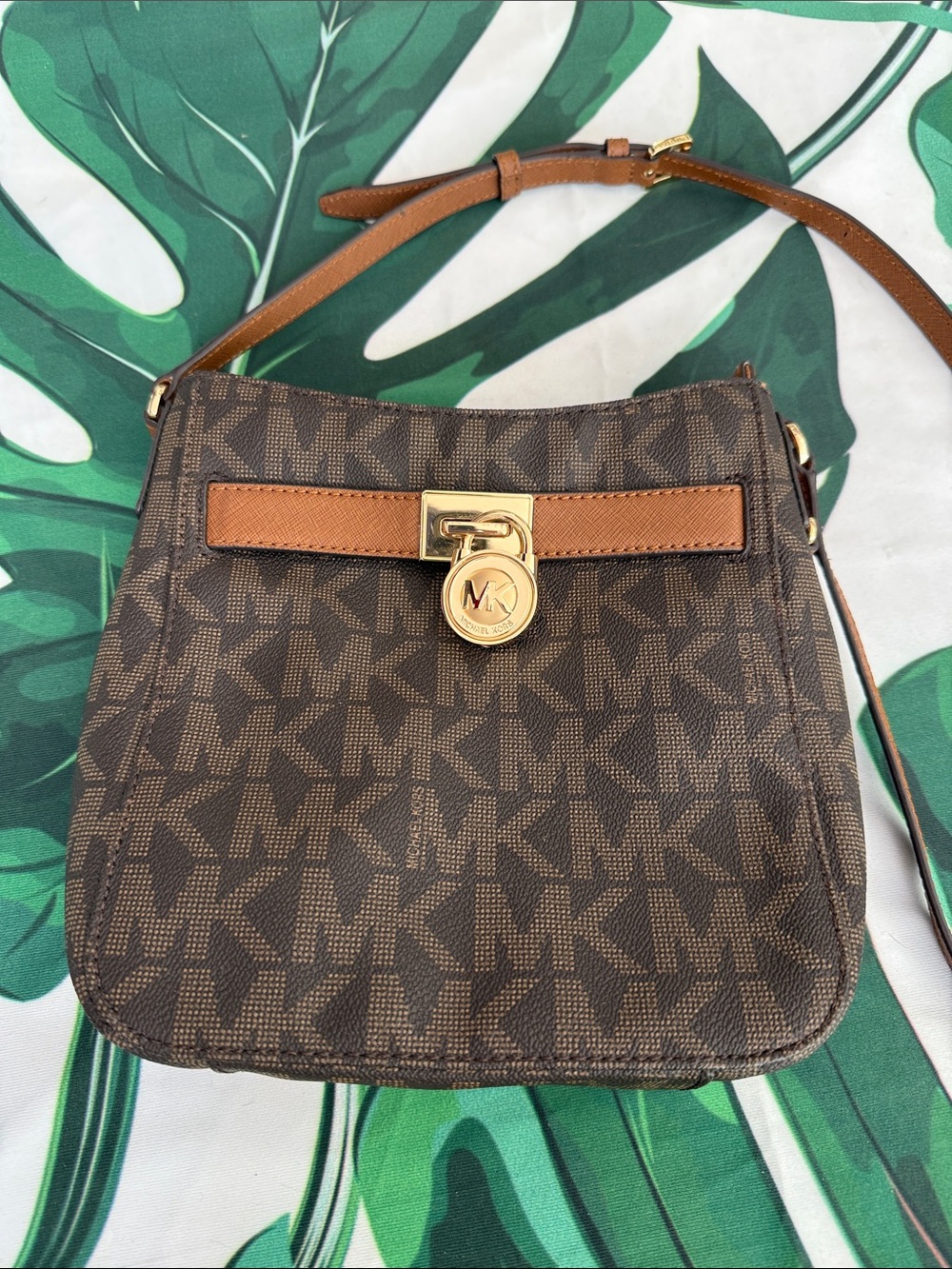 Michael Kors Brown and Tan MK Logo Crossbody with Gold Hardware